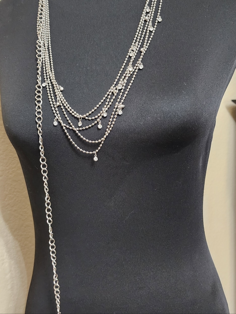 Multi-Layer Silver Ball Chain Rhinestone Dangle Necklace - Picture 3 of 6